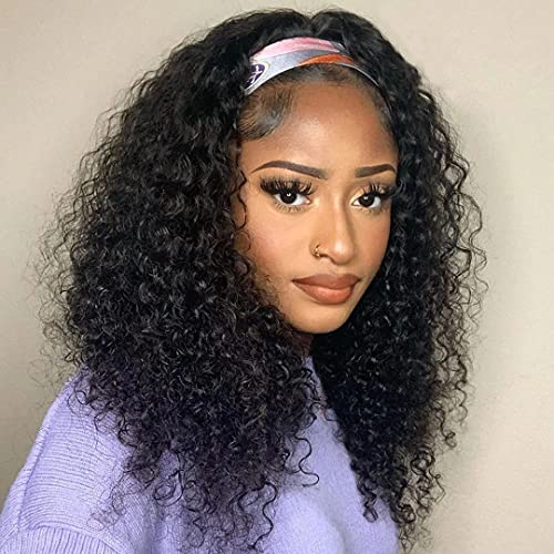 14 Inch Deep Wave Headband Wig Human Hair None Lace Front Wigs Deep Curly Headband Wigs for Black Women Human Hair Natural Color 150% Density