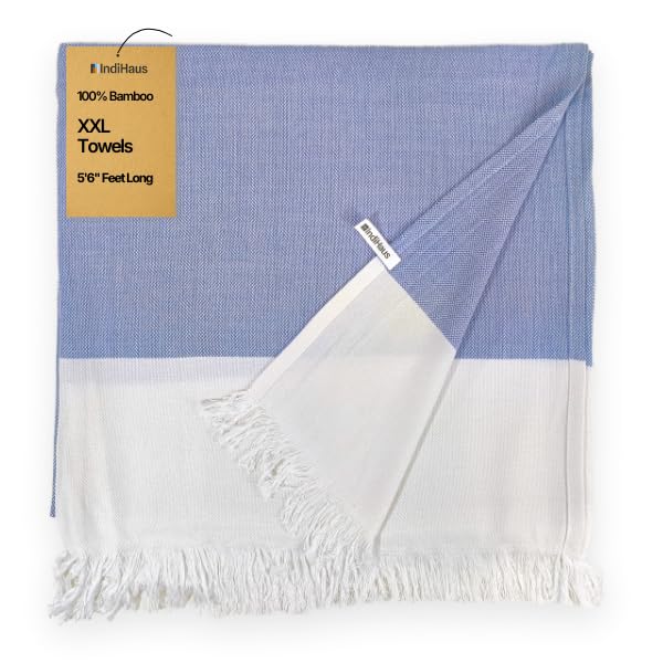 Image of IndiHaus 100% Pure Bamboo XXL Bath Towel - 3X More Absorbant | Extra Large Size | Ultra Soft & Quick Dry | Anti-Bacterial & Skin Friendly | Towel for Bath, Gym & Beach, 160 x 80 cm, (IndiHaus Blue)