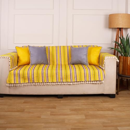 Image of STITCHNEST Woven 1 Seater Sofa Protector with 2 Hand Rest Covers - Yellow & White Stripe Design - Washable Fabric with Tassels - Stylish Sofa Cover for Modern Living Room & Furniture Decor