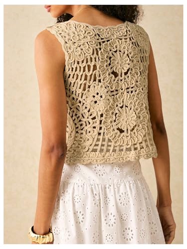 GORGLITTER Women's Crochet Vest Top Boho Hollow Out Button Down V Neck Sleeveless Fall Dressy 2025 Sweater Tank2