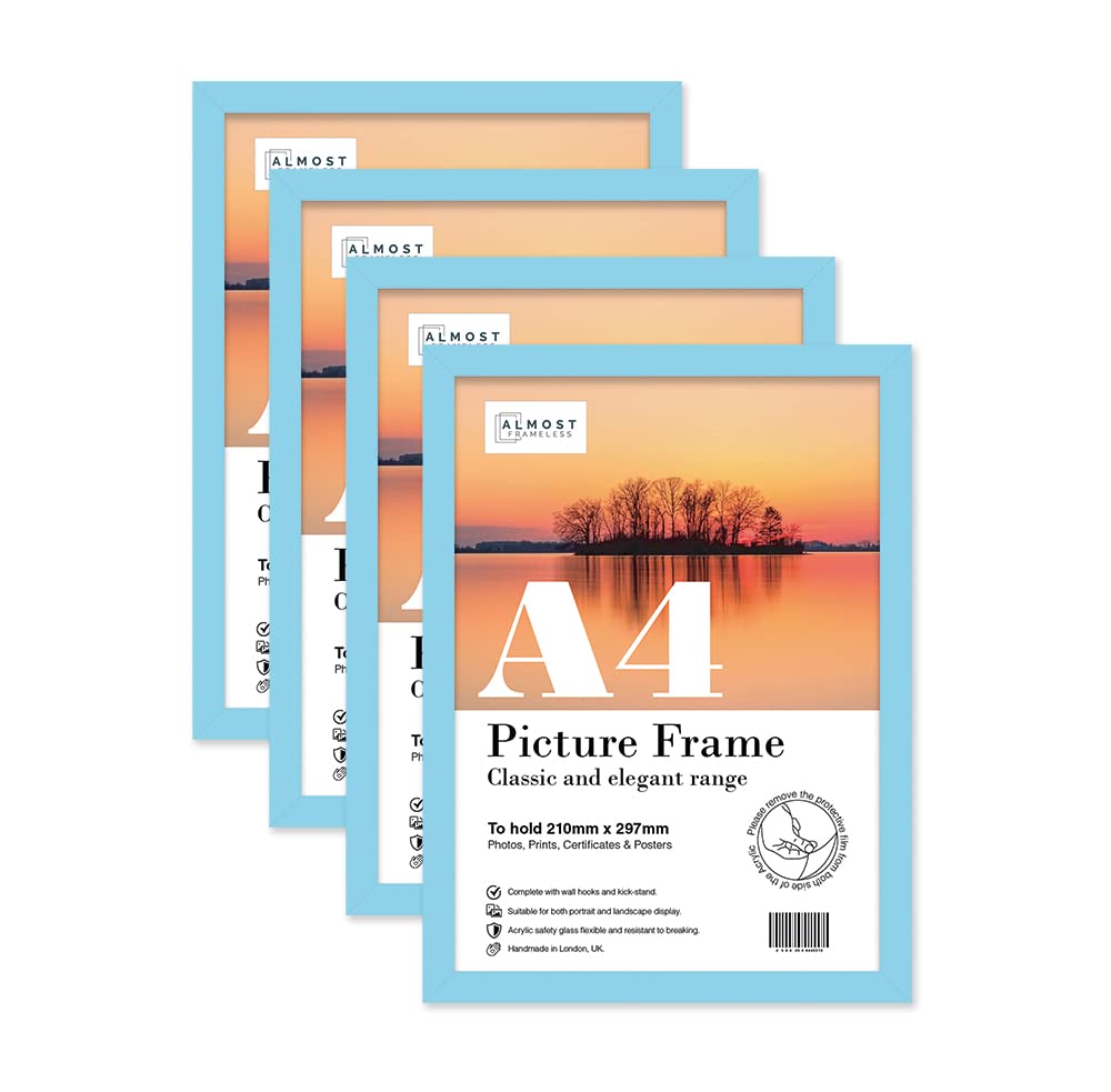Almost Frameless A4 Light Blue Picture Frame Set of 4, Display A4 Picture Gallery Wall, Poster, Photo, Artwork, or Print, Light Blue