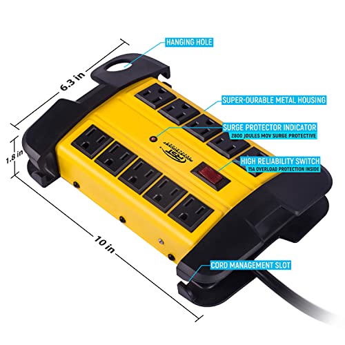 Image of CRST Heavy Duty Surge Protector Power Strip 10-Outlet Metal Industrial Power Strip with 2800 Joules, 15A Circuit Breaker, 14 Gague 6ft Extension Cord for Workshop, Garage, Office, School