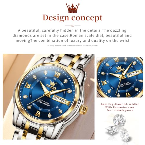 Image of OLEVS Womens Watches Diamond Luxury Dress Gold Wrist Watch Stainless Steel Waterproof Luminous Date