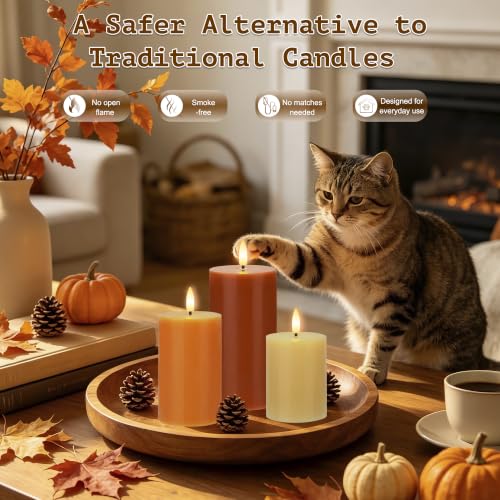 Image of Orange Flameless Candles with Remote, Fall Battery Operated Wax Candles | Flickering Autumn Harvest Pillar Candles, Decorative LED Candles for Fall, Thanksgiving, Halloween Home Party Decor, 3 Pack