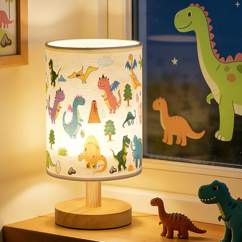 GFTDNS Kids Table Lamp for Bedroom Dinosaur Room Decor for Boys 3 Level Dimmable Wood Nightstand Desk Base with Flaxen Fabric Shade for Bedroom Living Room Dinosaur Gifts for Boys