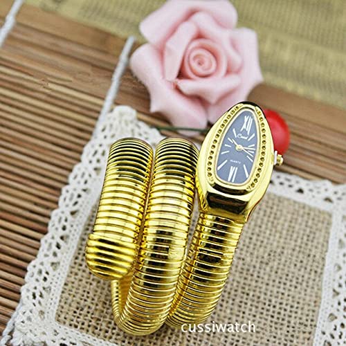 Women's Watches CUSSI Luxury Brand Snake Watch Gold Womens Watches Silver Quartz Wristwatches Ladies Bracelet Watch Clock Gift (Gold-Black)