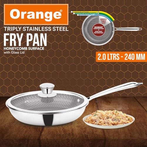 Image of Orange Triply Stainless Steel Fry Pan with Long Handle | Gas top and Induction Bottom Friendly (Honeycomb Fry Pan 2.0L)