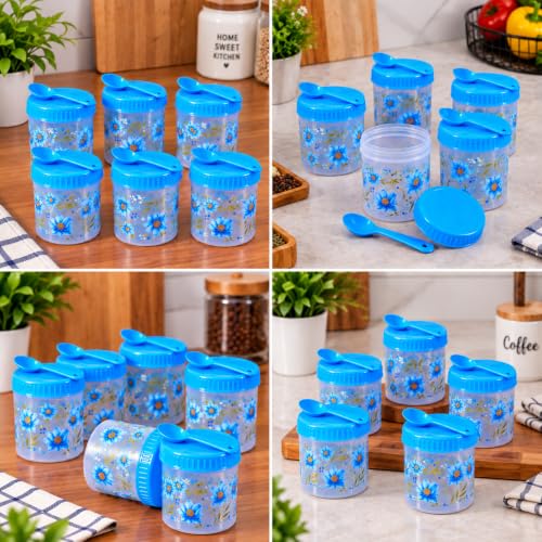 Image of Kitchen Storage Containers Set of 6 with Blue Lids & Spoons, Multipurpose Plastic Airtight Storage Jars for Spices, Pulses, Dry Fruits, Snacks & Kitchen Organization