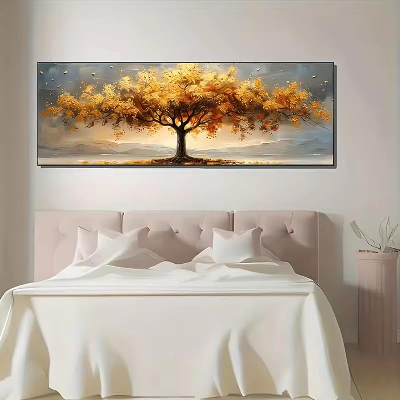 IHHGNB Cuadros en lienzo con diseño del Árbol de la Vida de hojas doradas, arte abstracto moderno para pared, pósteres e impresiones de árboles, decoración de imágenes (65x200cm (26x79in)/Sin marco)
