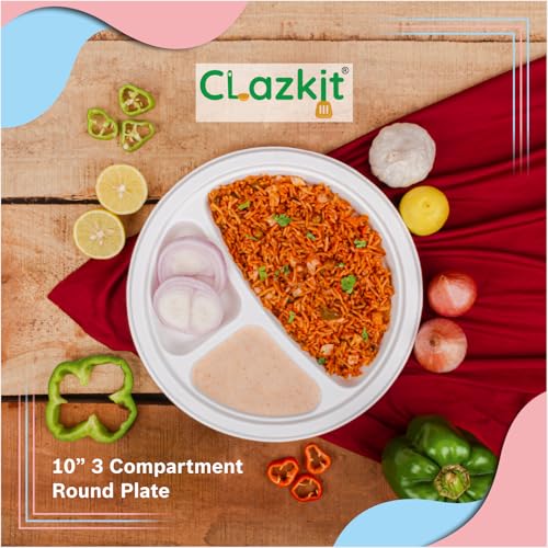 Image of Clazkit 10 Inch 50 Pack, 3-Compartment Disposable Bagasse Plates | Eco-Friendly, Biodegradable, Sugarcane Paper Plates | for Serving Dinner | Birthday, Wedding & Party | Round
