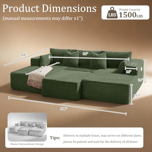 Image of 108 inch Cloud Sectional Couch, Comfort Sleep Sofa for Living Room, Extra Deep Seats No Assembly, Minimalist Modular Couch, Corduroy (Olive Green, Widen Loveseat Chaise)