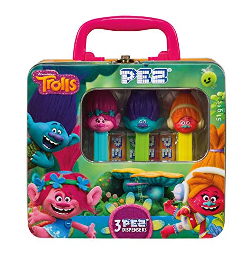PEZ Maletitas de metal Trolls (3 PEZ dispensadors + 6 PEZ caramelos)