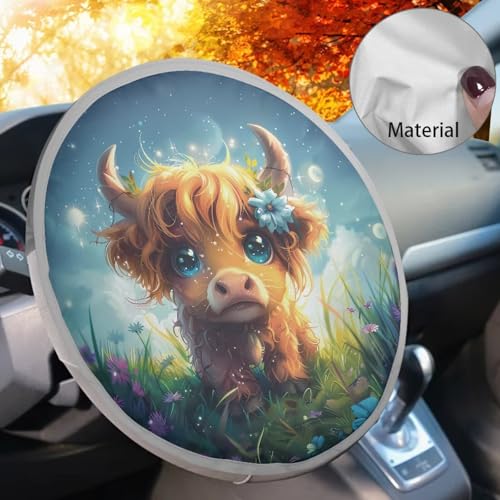 Image of Kawaii Highland Cow Steering Wheel Cover Protector Foldable Car Steering Wheel Sun Shade Cover Car Interior Design Sun Shade for UV Protection Universal Steering Wheel Shield