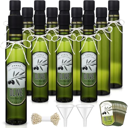 Reallnaive 12 Pcs 8 oz Mini Olive Oil Bottles Empty Sauce Condiment Bottles with Dropper Inserts and Sticker Seals Caps for Gifts Kitchen