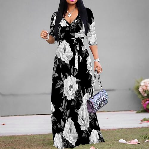 Image of Maxi Dresses for Women Casual Plus Size Formal Dresses 3 /4 Sleeve Ladies Long Dresses with Belt