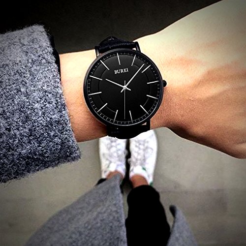 BUREI - Orologio da uomo, nero, sottile, orologio