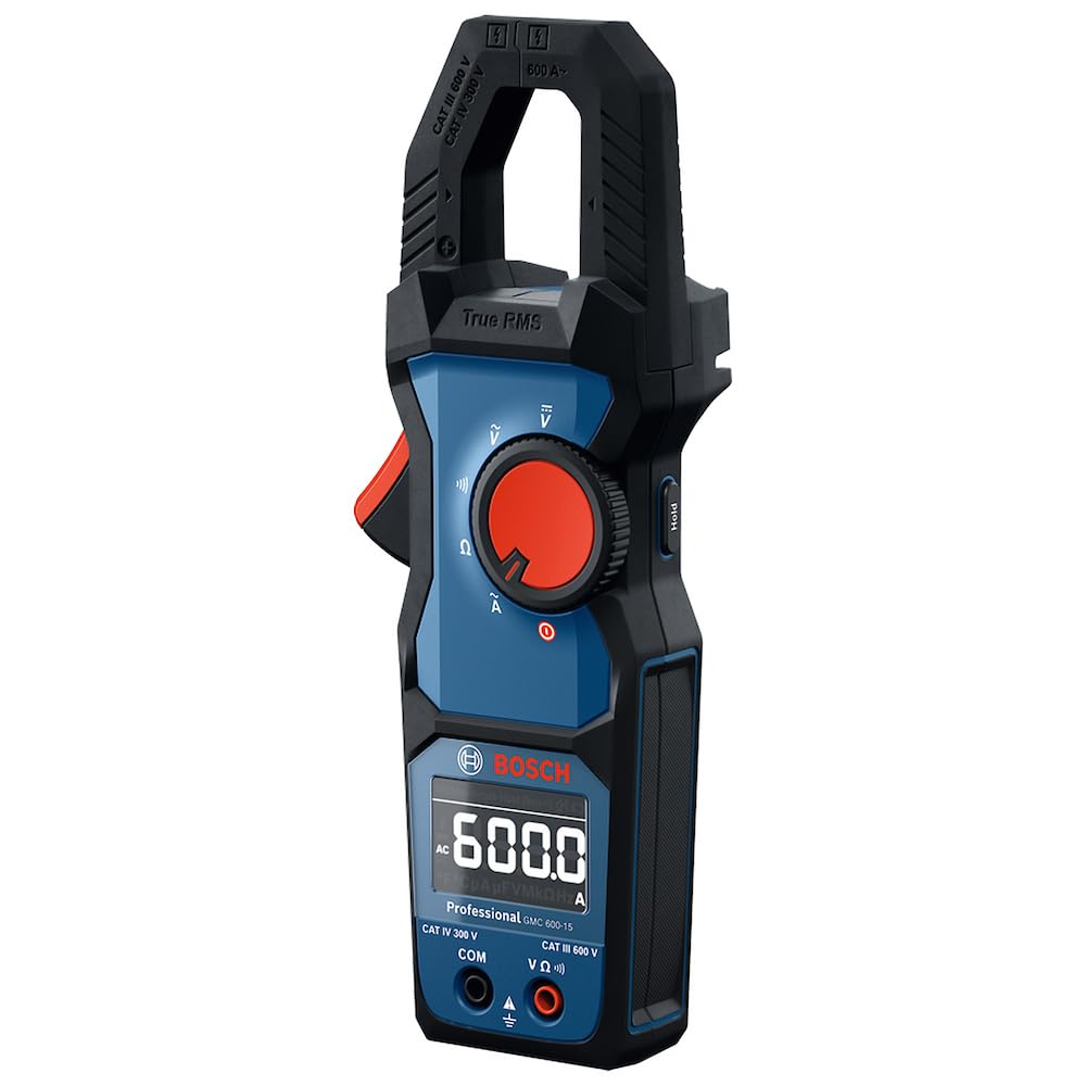 Tester elettrico Bosch Professional GMC 600-15 (Pinza amperometrica True RMS, corrente alternata fino a 600 A, tensione fino a 600 V AC/DC, 2 x 1,5 V LR06 (AA), puntali di misurazione MS 90, custodia)