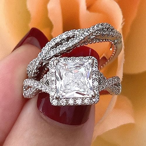 CEJUG 2.3Ct Halo Princess Cubic Zirconia Bridal Ring Set Engagement Wedding Rings for Women 18K Gold Plated Size 6-103
