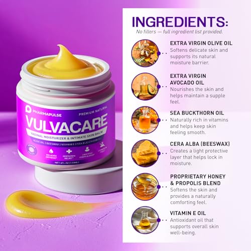 Image of Pharmapulse Organic Vaginal Moisturizer, Vulva Balm Cream, Intimate Skin Care, Menopause Support - Relieves Dryness, Itching, Burning, Redness, Chafing, Odor, Irritation - Estrogen Free 4oz