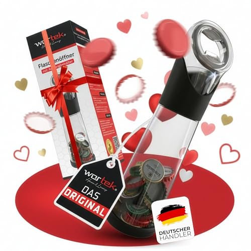 wortek Flaschenöffner mit Auffangbehälter - Getränkeöffner Bieröffner Bierflaschenöffner Kronkorken Sammler - Geschenke für Männer Geschenk für Freund Geschenk für Partner Valentinstagsgeschenk