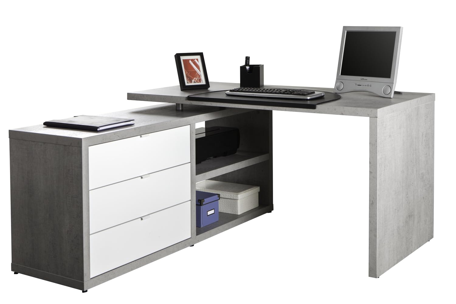 Composad | Scrivania della Linea PRATICO con 3 Cassetti e 2 Vani, Scrivania Angolare con Libreria e Cassetti, (LxAxP) 140x74,20x150 cm, Colore Cemento e Bianco Laccato, Made in Italy