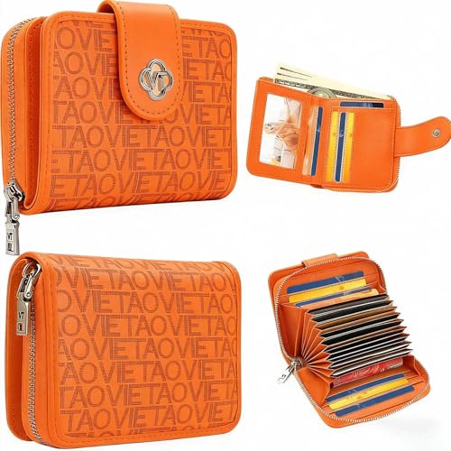 Image of Credit Card Wallets for Women, Leather Cardholder with Zipper Around, Small RFID Ladies Wallet, Accordion Compact Bifold Purse for Travel, 19 Card Slots, ID Window, Cash Organizer - Orange