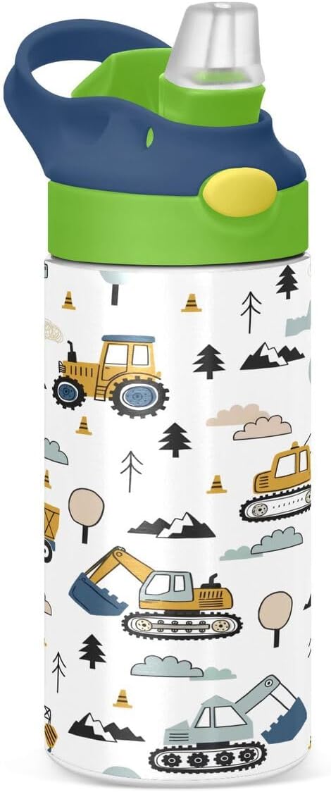Bolaz 350ml/12oz Kids Stainless Steel Insulated Water Bottle with Straw Stainless Steel Reusable Tumbler Childish Truck Excavator for School