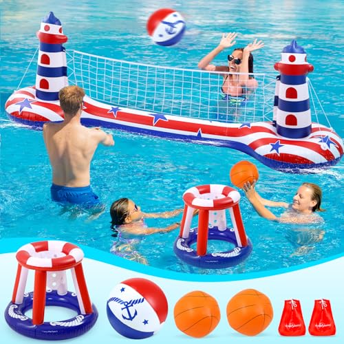 EagleStone Set di rete da pallavolo per piscina con canestro da basket, set di galleggianti gonfiabili per piscina con bandiera americana, rete da pallavolo e canestro da basket