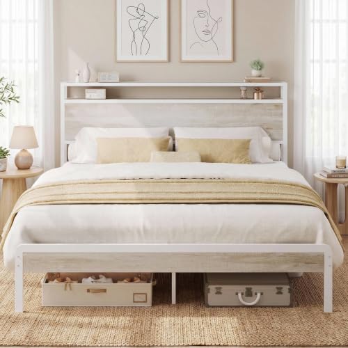 Image of LIKIMIO Full Size Bed Frame with 2-Tier Storage Shelf Headboard