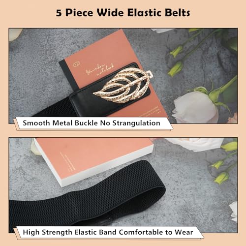 5 PCS 31.5cm Wide Waist Belts for Women, Vintage Elastic Belt for Dress, Stretchy Waistband Belt with Metal Buckle, Fashion Waist Belts Perfect for Women Dresses, Sweater and Shirt (Black)4