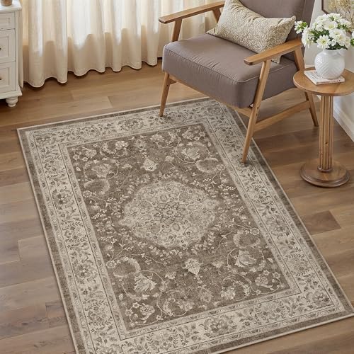 Braun Teppich Wohnzimmer 120x170cm Waschbarer Vintage Tepiche for Living Room kurzflor rutschfest Weich Böhmischen Retro Carpet für Küchen Schlafzimmer Büro Esszimmer Bedroom Grimm | Braun 1