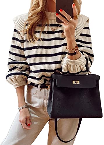 PRETTYGARDEN Fall Sweaters for Women 2025 Long Sleeve Crewneck Blouses Dressy Casual Ribbed Striped Knit Pullover Jumper Tops