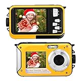 Digitalkamera, wasserdicht, Full HD 2,7 K, 48 MP, Doppelbildschirm, Anti-Vibration, Selfie, Doppelbildschirm, 16 x Zoom, Kamera für Schwimmen, Urlaub (Gelb)