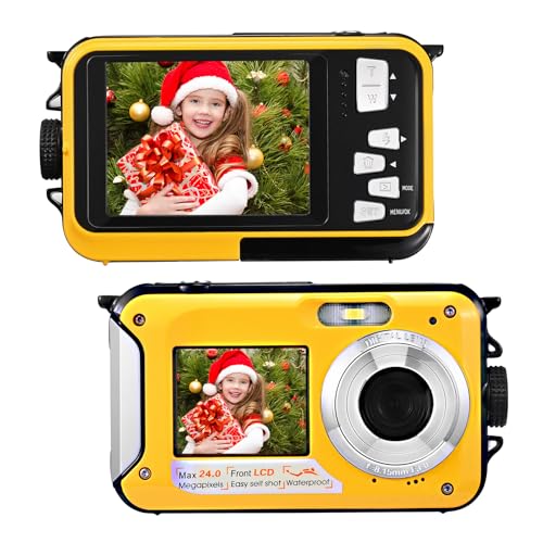Unterwasserkamera Full HD 2.7K 48MP,Digitalkamera wasserdichte Doppelbildschirm Anti-Shake mit LED-Mikrofon 16 x Digital zoomSnorkelling,Unterwasserkamera for Self-Timer Underwater (Gelb)