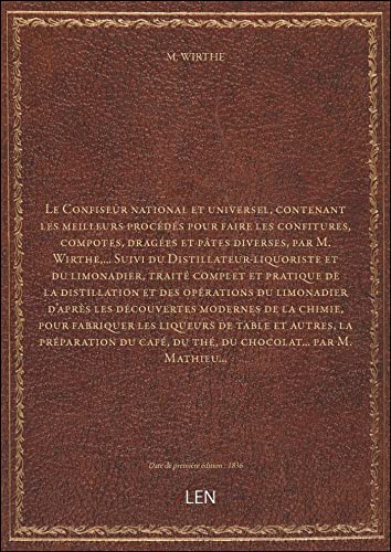livre Le Confiseur national et universel, contenant les meilleurs procédés pour faire les confitures, compotes, dragées et pâtes diverses, par M. Wirthe,... Suivi du Distillateur-liquoriste [édition 1836]