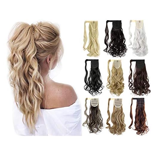 Felendy 18" 24" Ponytail Extension Curly Straight Drawstring Hairpiece Wrap Around Long Hair Extension for Women Bleach Blonde