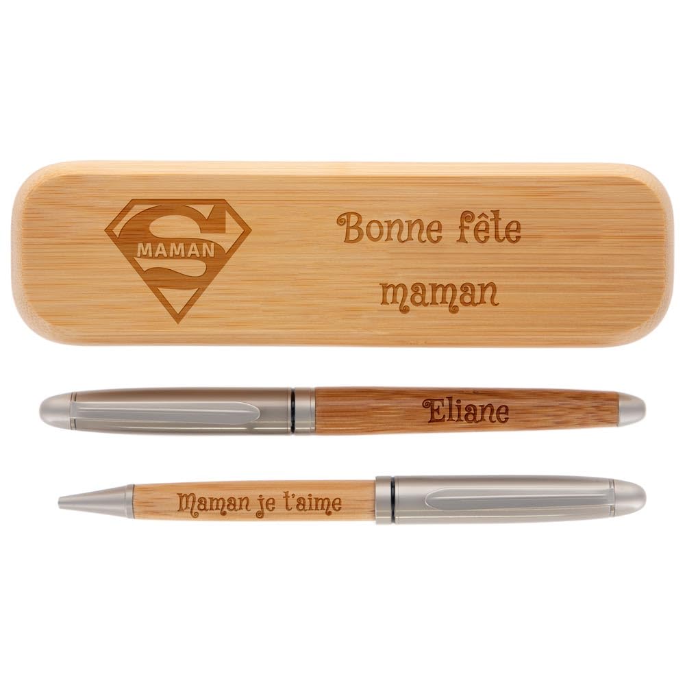 Ocadeau Coffret 2 stylos en bois personnalisé gravé – Gravure texte sur le coffret -Stylo bille et stylo roller