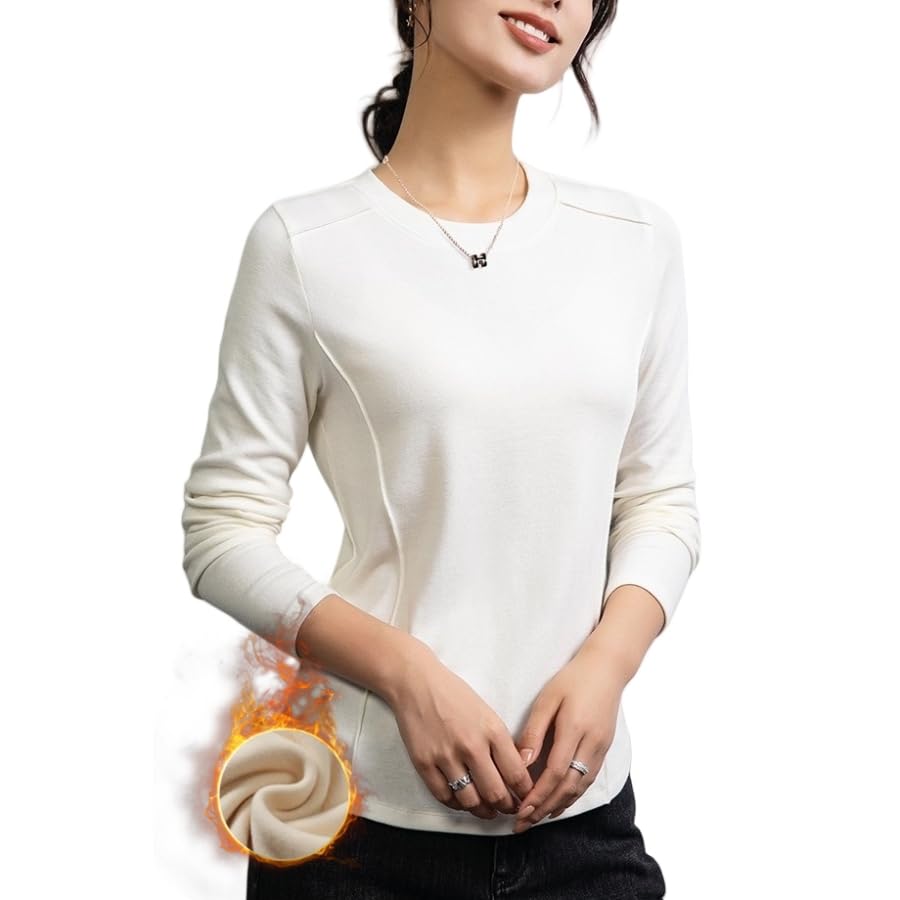 Freaswind Dralon Solid Crewneck Tops for Women Autumn Winter Thermal Underwear Warm Long-Sleeved Shirt White