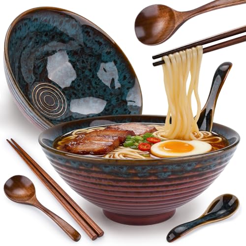 2 Juegos Tazón de Ramen Japonés,Juegode Cuencos de Ramen 1000ml,Ramen Bowl de Cerámica con Palillos y Cuchara, Tazones de Sopa de Fideos para Ensalada Frutas, Verduras, Fideos, Cereales, Sopa