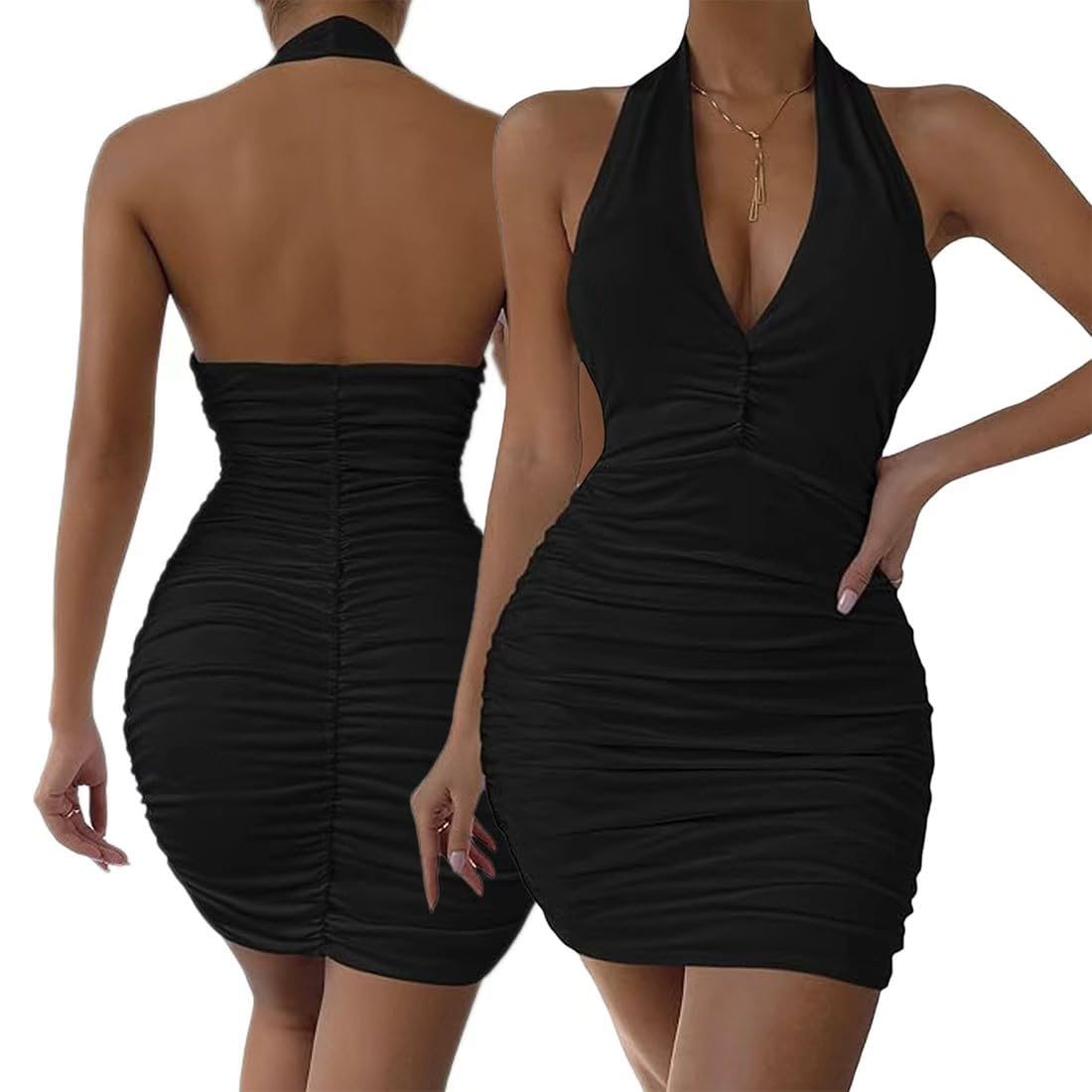 Vestito Donna Sexy Mini Abito con Scollo a V Halter Senza Maniche Tubino Corto Vestito Increspato Schiena Scoperta Abito Aderente Curvy Bodycon Estivo per Sera Feste Club Cocktail Discoteca