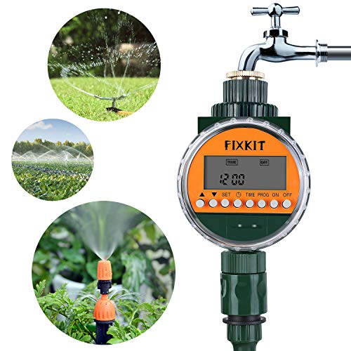 Preisvergleich Produktbild FIXKIT Digitaler Bewässerungsuhr mit Regensensor, Wassertimer IP68 Wasserdichter LCD Bildschirm, Bewässerungsprogramme bis zu 30 Tagen, ideal zur Blumenbewässerung, Rasenbewässerung usw