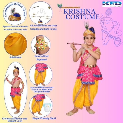Image of Kaku Fancy Dresses Krishna Costume With Dhoti For Boy /Janmashtami /Bal Gopal Dress /Kanha Costume /Bal Krishna /Mythological Costume For Boy - Yellow-Red, 1-2 Years