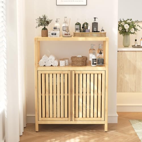 AOPNOMU Bamboo Bathroom Storage Cabinet Furniture, Bathroom Floor Cabinet with 2 Shutter Doors and...