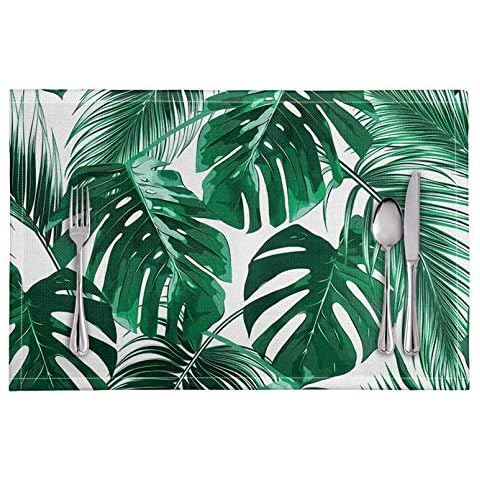 Pizding Tropical Palm Leaf Print Placemats, Stain Resistant Anti-Skid Washable PVC Table Mats Kitchen Place Mats, Set of 4 for Dinner Weddings Brunches Cover