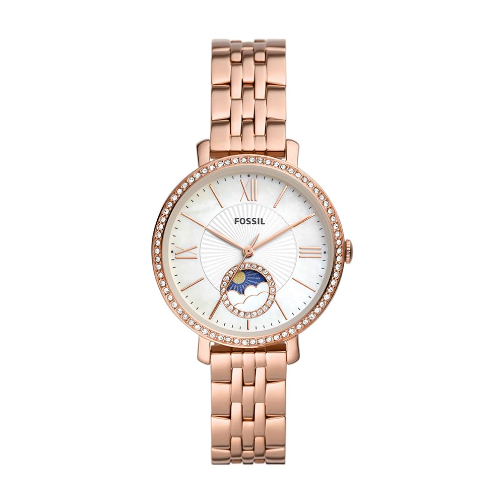 Fossil Jacqueline Uhr für Damen, multifunktionales Uhrwerk mit Edelstahl- oder Lederarmband Roségoldton und Weiß