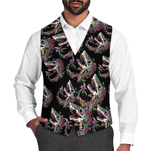 Shark Sugar Skull Mexico Dia De Los Trendy Vest Suit for Men V Neck Formal Dress Waistcoat Vests Business Slim Fit