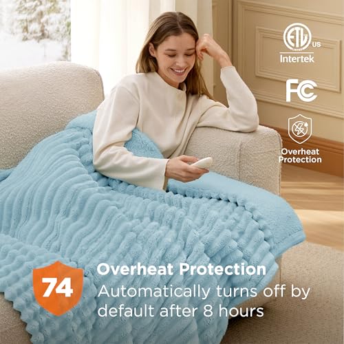 Image of Bedsure Thick Heated Blanket Electric Throw XL, Preheat, Light Blue 50 inchx70 inch