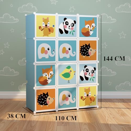 Image of KRISHYAM Kids Modular Storage Cabinet with Cartoon Animal Doors,12 Cube Plastic Wardrobe Organizer, DIY Closet System with Hanging Rod, Toy & Clothes Storage (Blue Animal Print, 12 Box)