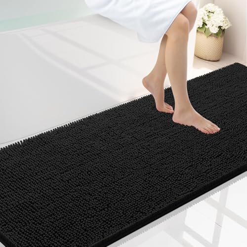 Smiry Luxury Chenille Bathroom Rugs 70x24, Extra Soft and Absorbent Shaggy Bath Mat, Machine Washable, Non-Slip Plush Carpet Runner for Tub, Shower, and Floor, Home Decor Accessories, Black