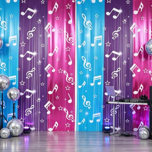 Image of TONIFUL 2Pcs Blue Purple Pink Music Note Metallic Foil Fringe Curtains